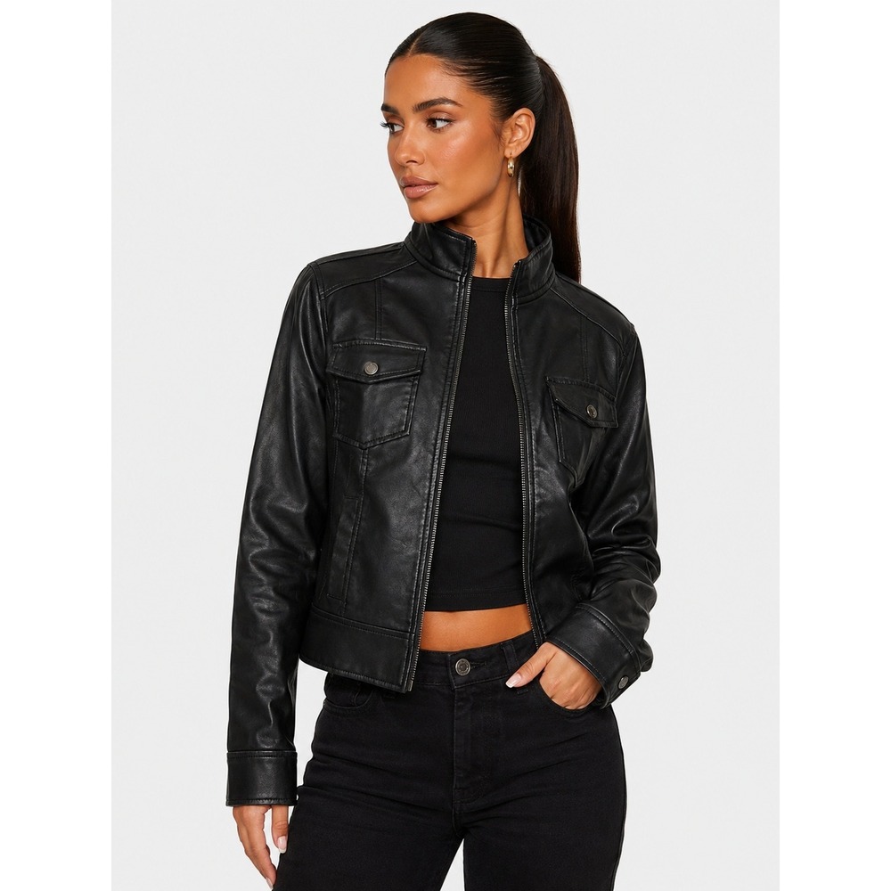 White House Black Market Black Coated Moto Jacket Mock Neck 8 M NWOT New